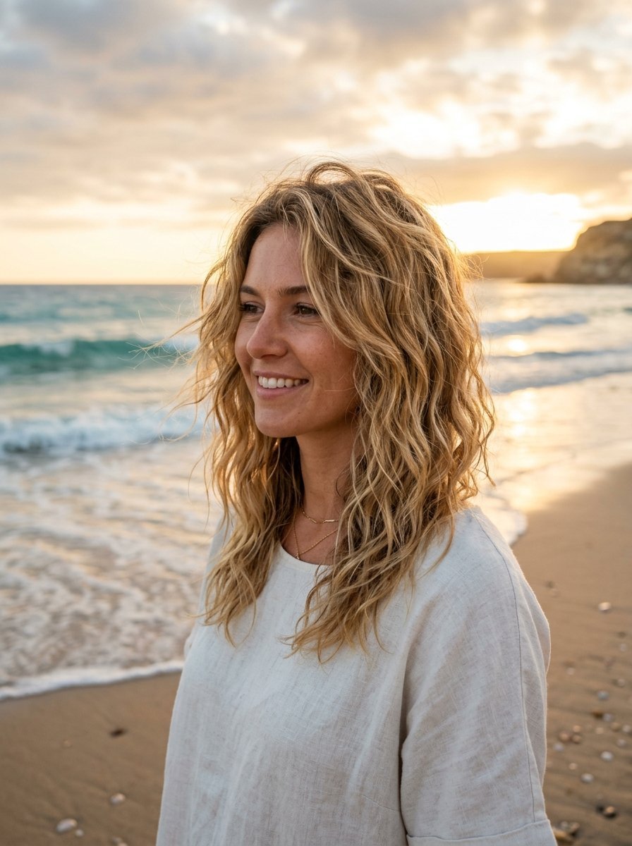 Portrait of a happy young woman with messy beach hair standing on the shore at sunset.