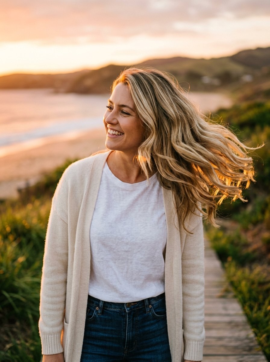 Smiling blonde woman in a cream cardigan looking away at a sunset ocean view.