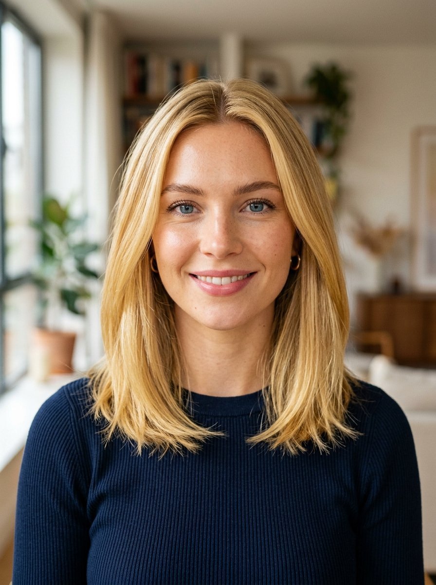 Portrait of a blonde woman wearing a dark blue ribbed shirt, posing in a bright home interior.