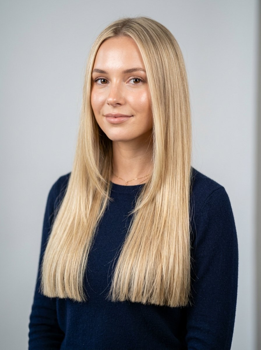 Portrait of a young blonde woman with a center part and straight hair against a light grey wall.