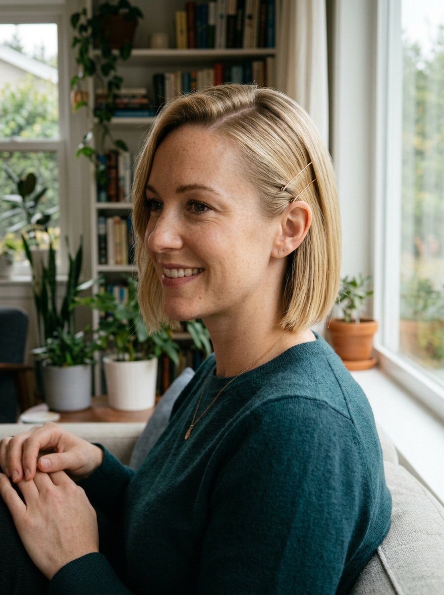 Profile view of a smiling blonde woman with a shoulder-length haircut styled with two thin metallic hair clips.