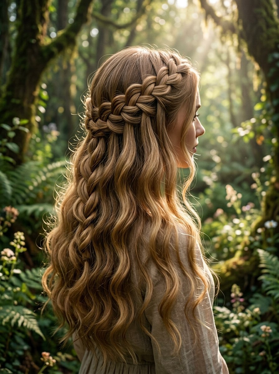 Profile view of a young woman with long wavy blonde hair styled in a thick braided crown within a sunlit woodland.