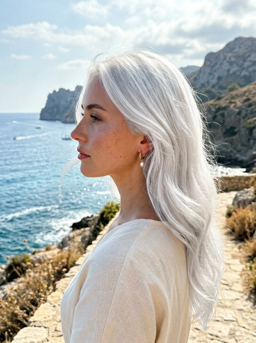Profile of a fair-haired woman wearing a pearl earring standing on a stone cliff path by the ocean.