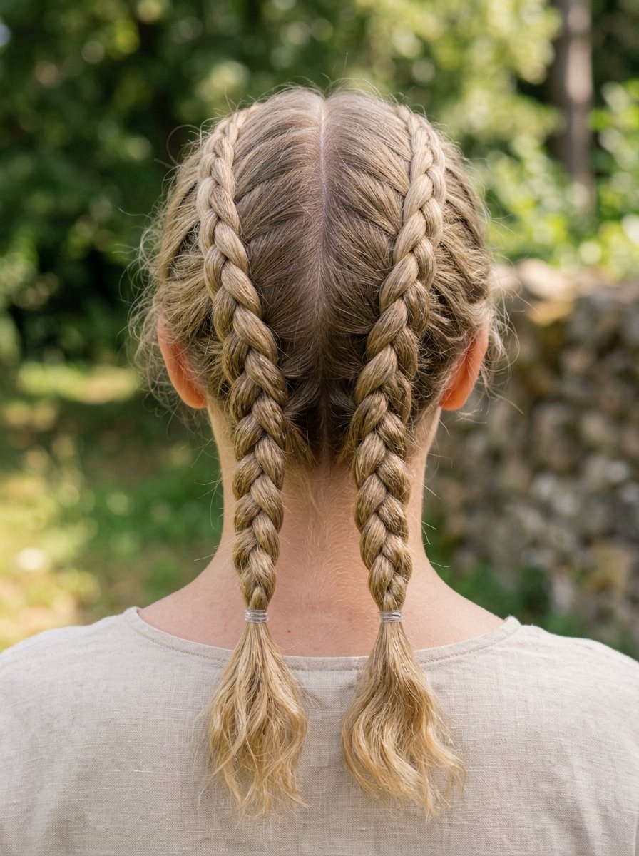 Rear view of a blonde woman with her long hair styled into two tight, matching dutch braids.