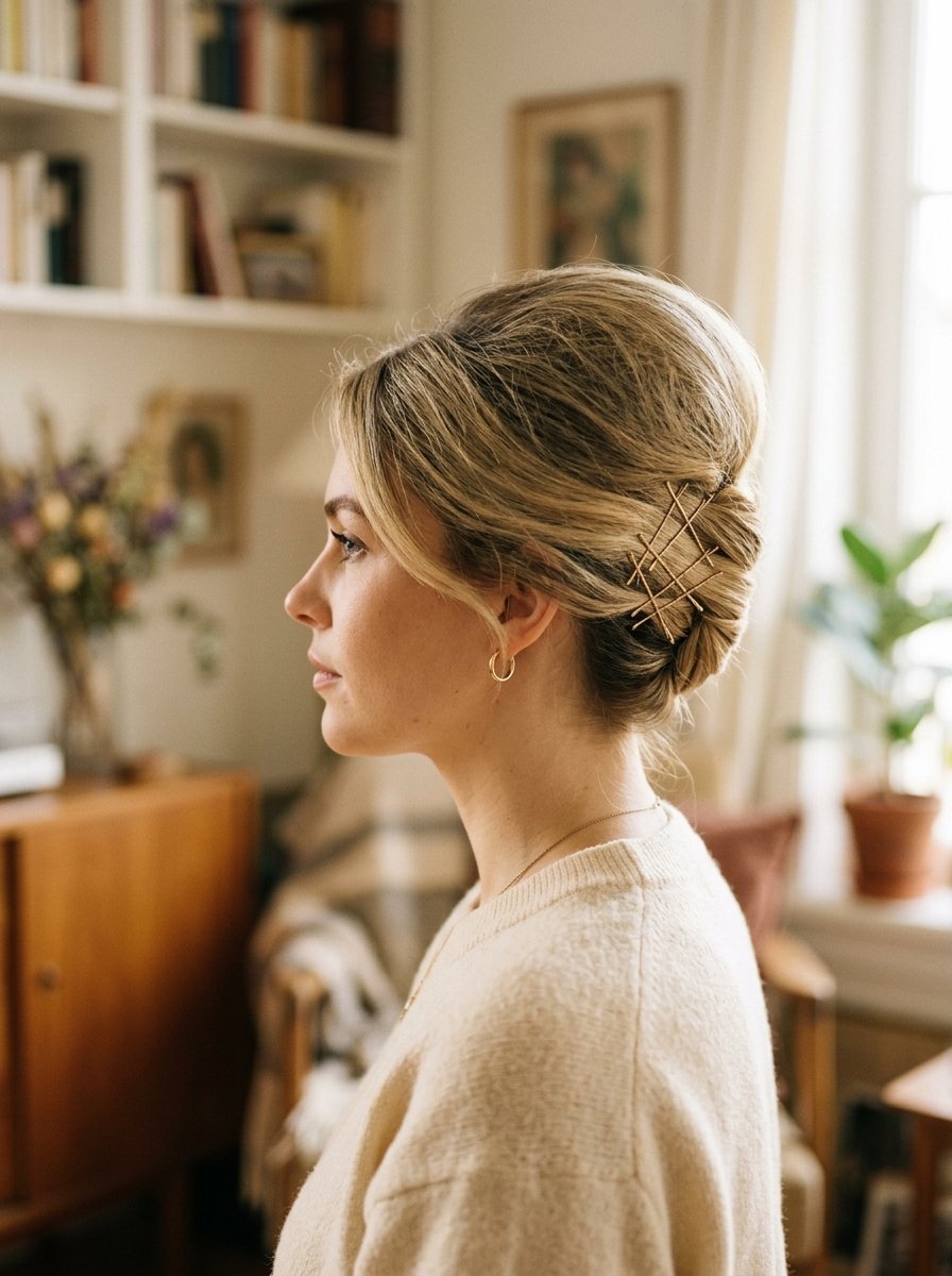 A woman with blonde hair styled in a chic bun secured with crisscrossed gold hair pins.