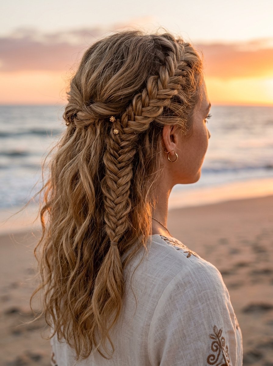 Profile view of a woman with blonde hair styled in a half-up fishtail braid standing on a beach at golden hour.