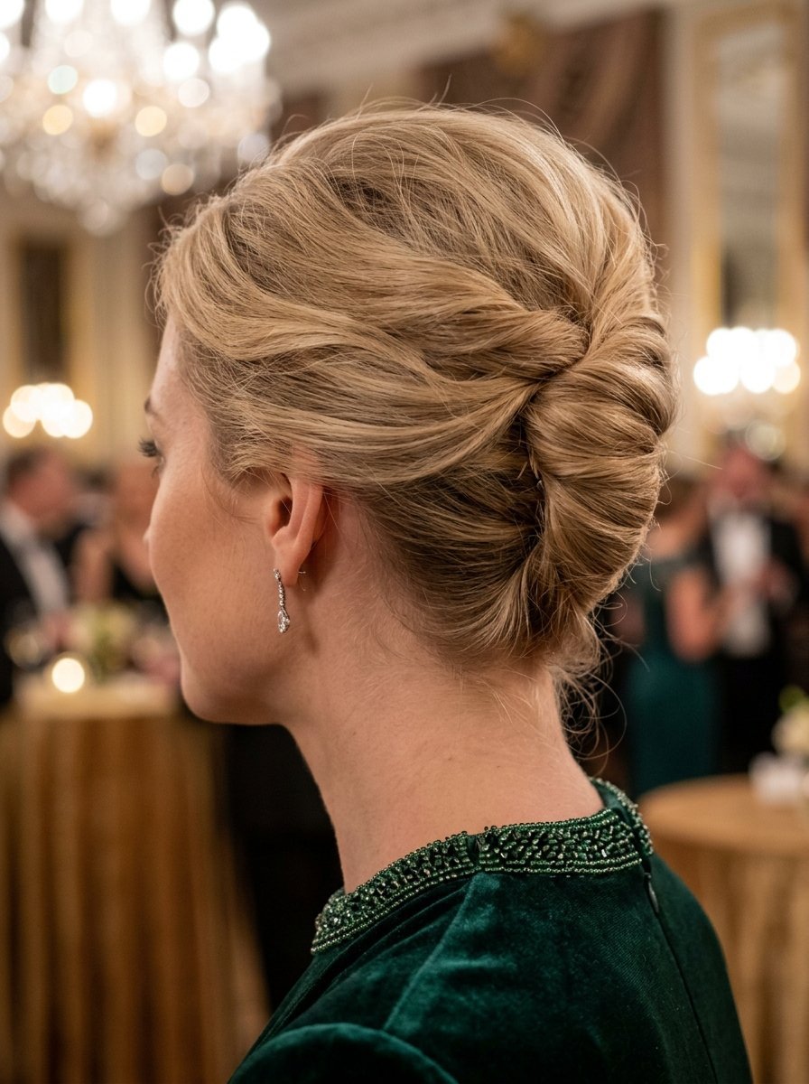 Side view of a woman with blonde hair styled in an updo wearing a beaded emerald velvet dress.