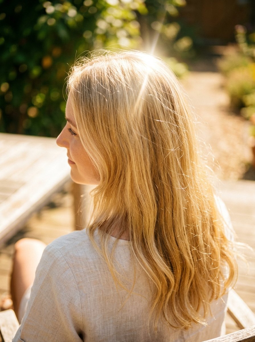 Young woman with long wavy blonde hair illuminated by bright sun flares in an outdoor setting.