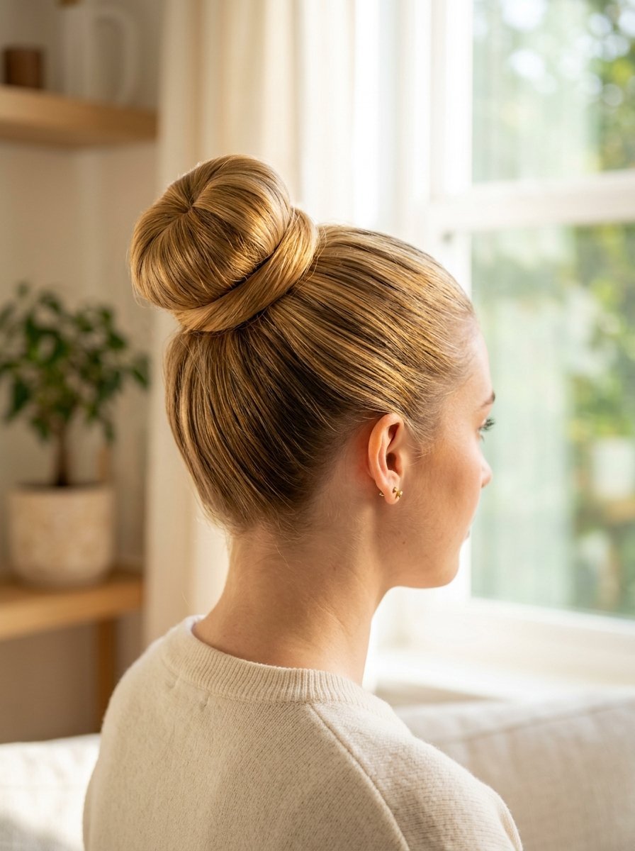 Side profile of a woman with long blonde hair styled into a neat, high donut bun indoors near a window.