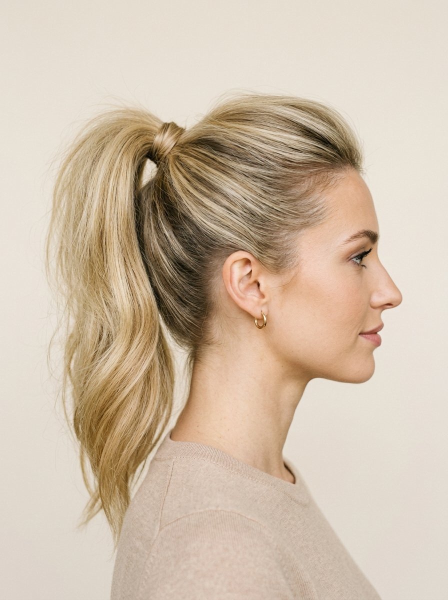 Side profile of a woman wearing a simple gold hoop earring and a textured blonde high ponytail.