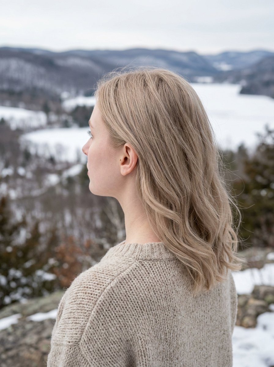 Side profile of a woman with blonde hair wearing a knit sweater looking at a frozen winter lake and mountain view.