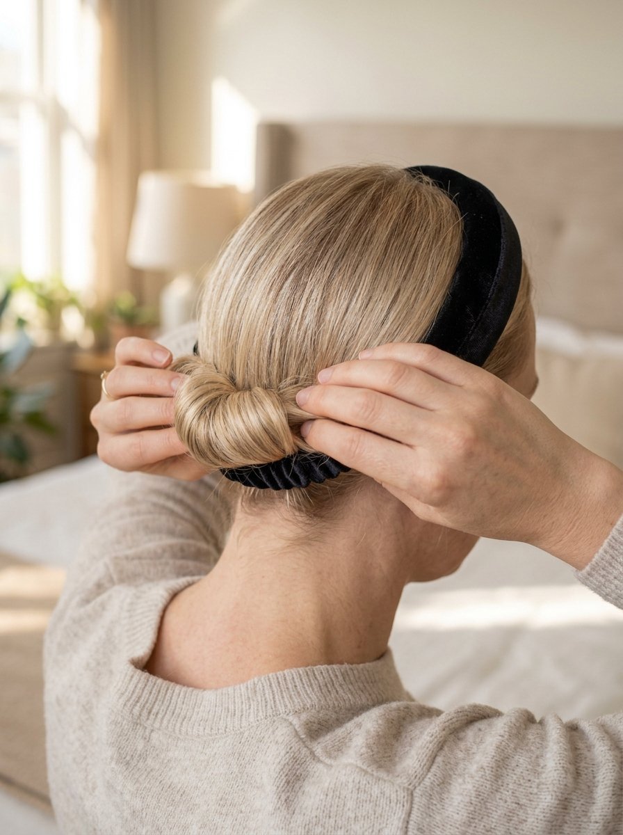 Close up of hands tucking blonde hair into the back of a thick black velvet headband.