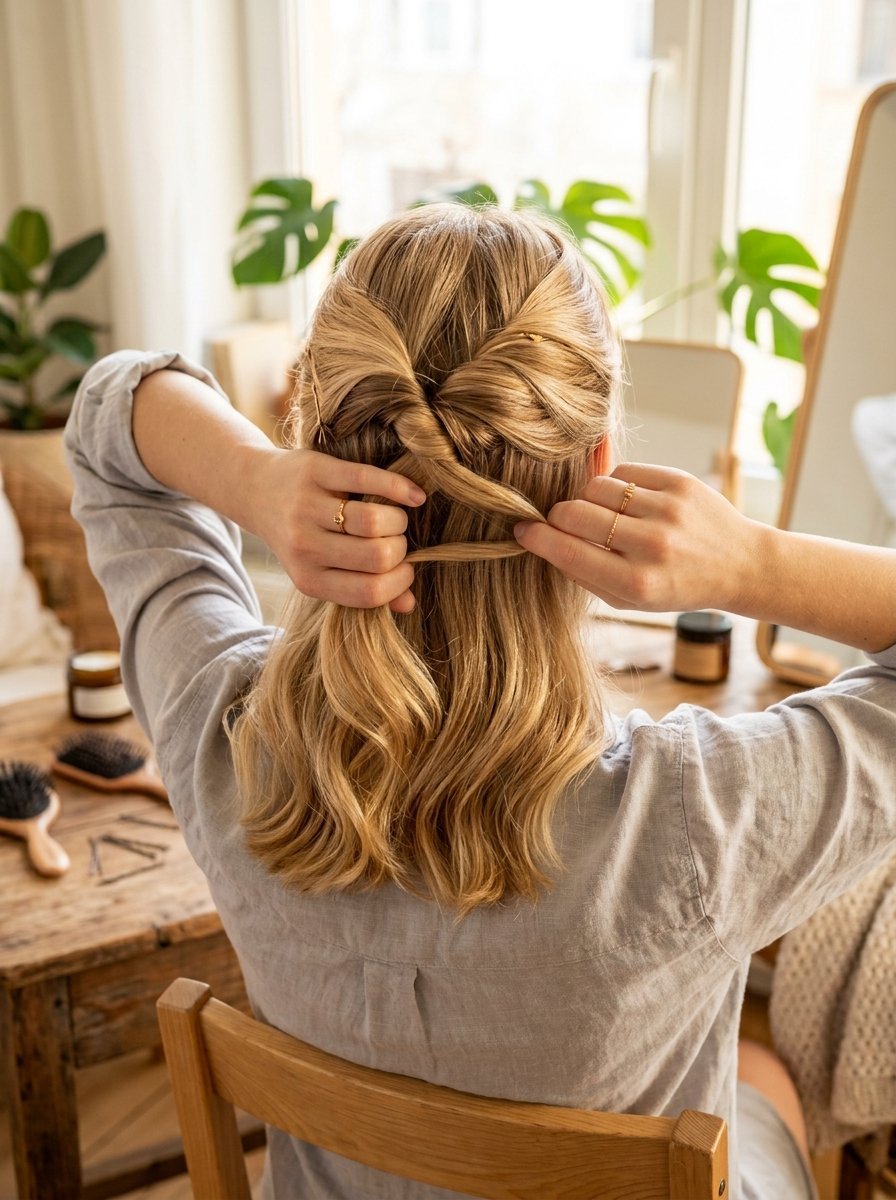 Back view of a person with blonde hair pinning a section of hair into a twist at her vanity table.