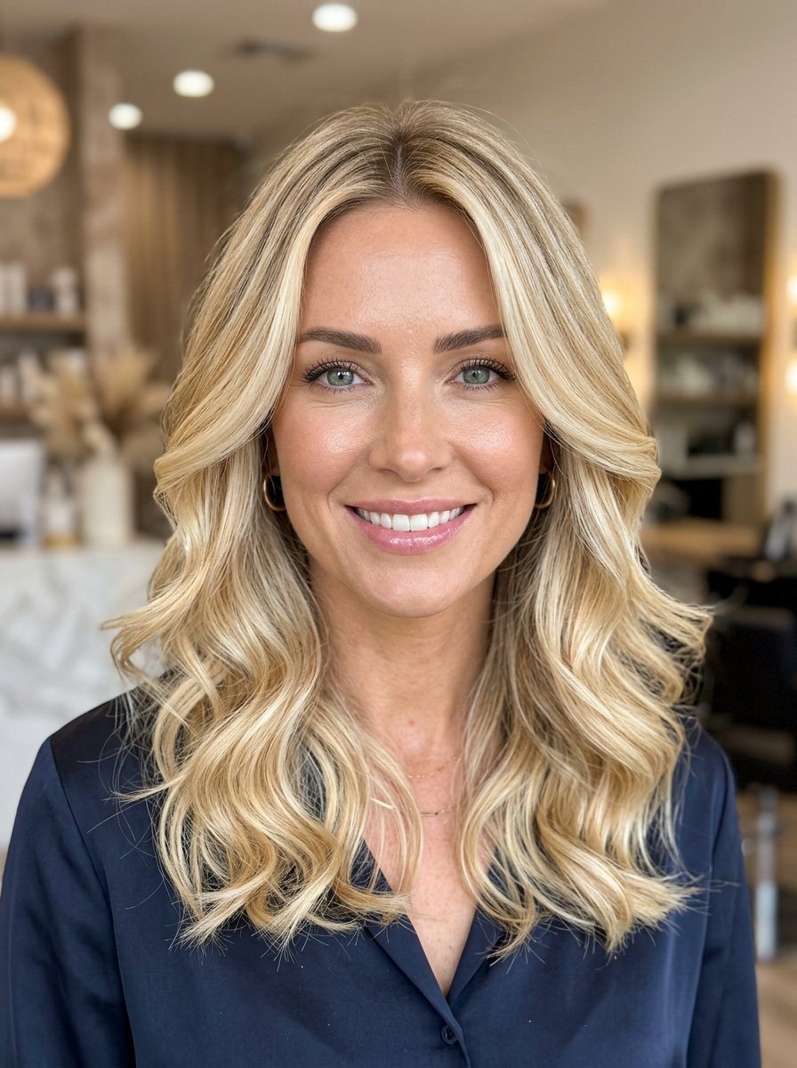 Portrait of a blonde woman with shoulder-length wavy hair wearing a navy blouse in a bright salon.