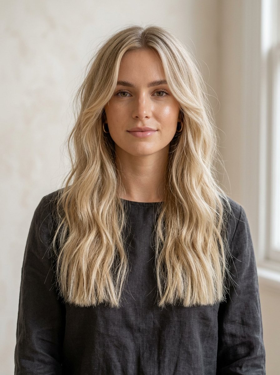 Close-up of a blonde woman with shoulder-length wavy hair wearing a black shirt against a plain wall.
