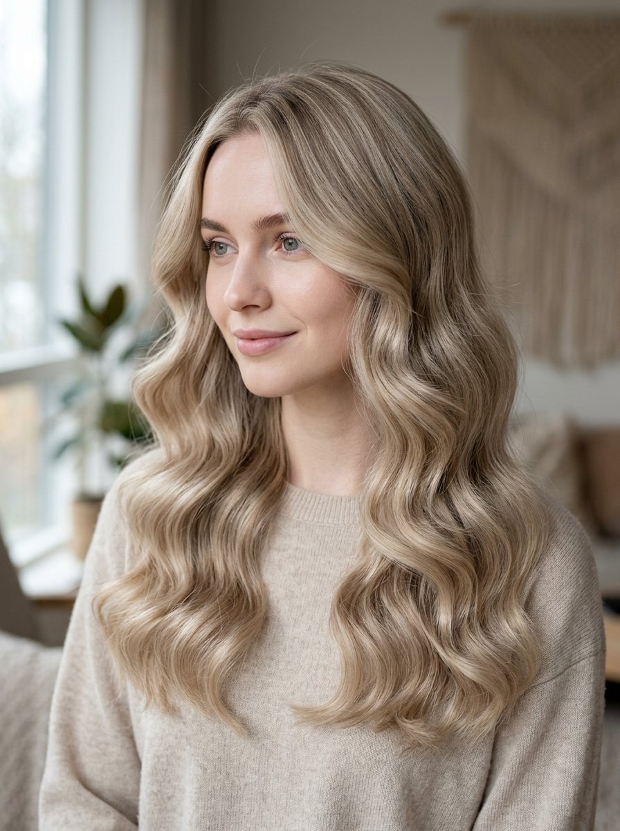A fair-skinned woman wearing a beige sweater with voluminous, center-parted blonde waves in an indoor setting.