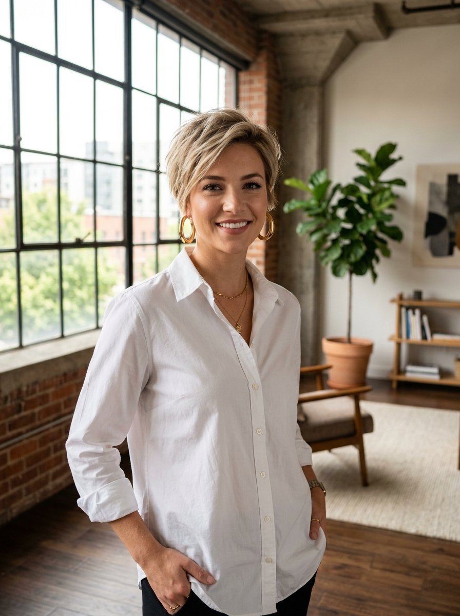 Portrait of a blonde woman wearing gold hoop earrings and a white button-down shirt in a loft.