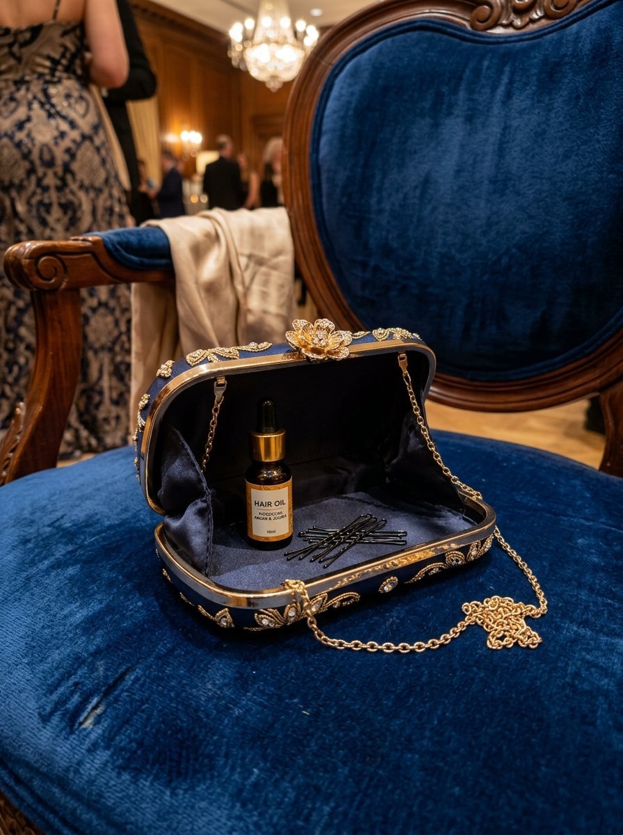 Decorative blue box clutch with gold floral details resting on a matching velvet chair holding hair care essentials.