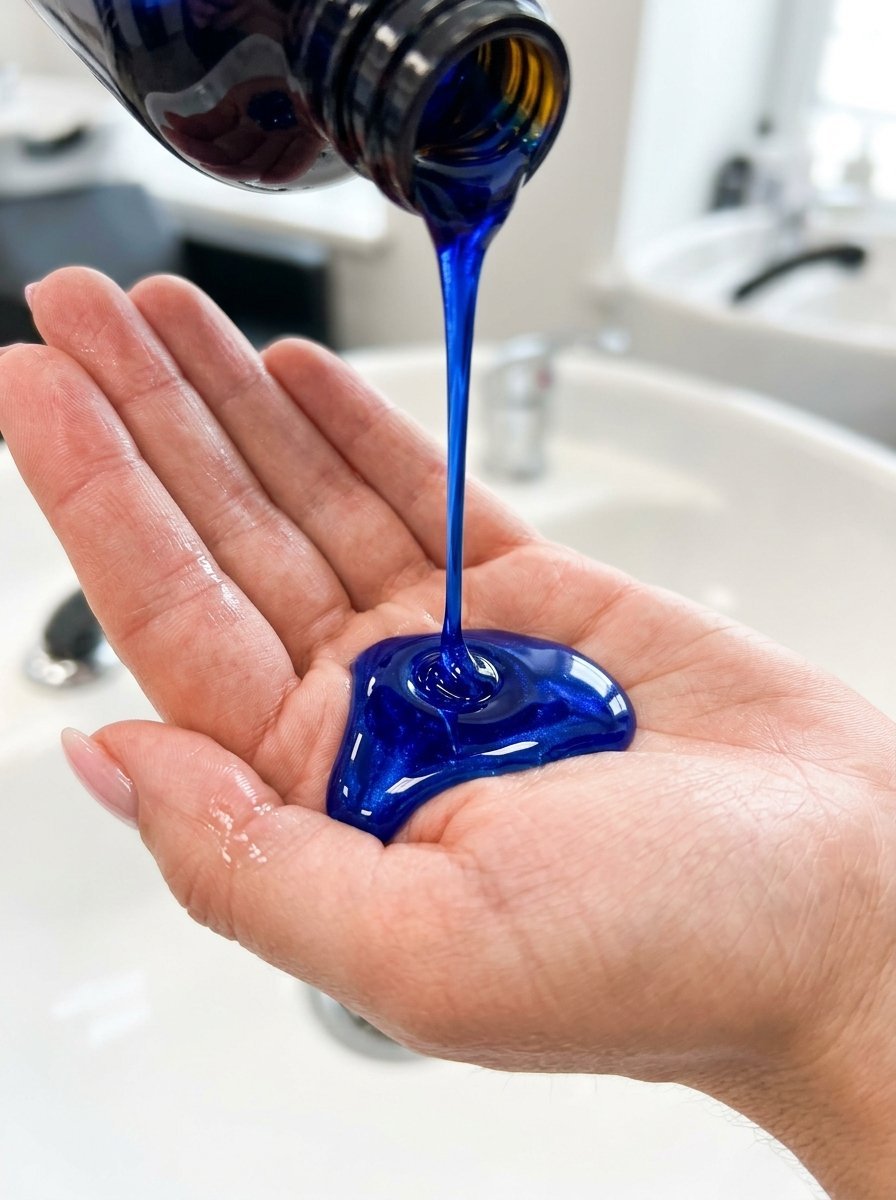 Close-up of thick, metallic blue hair product being dispensed from a bottle into a person's open hand.