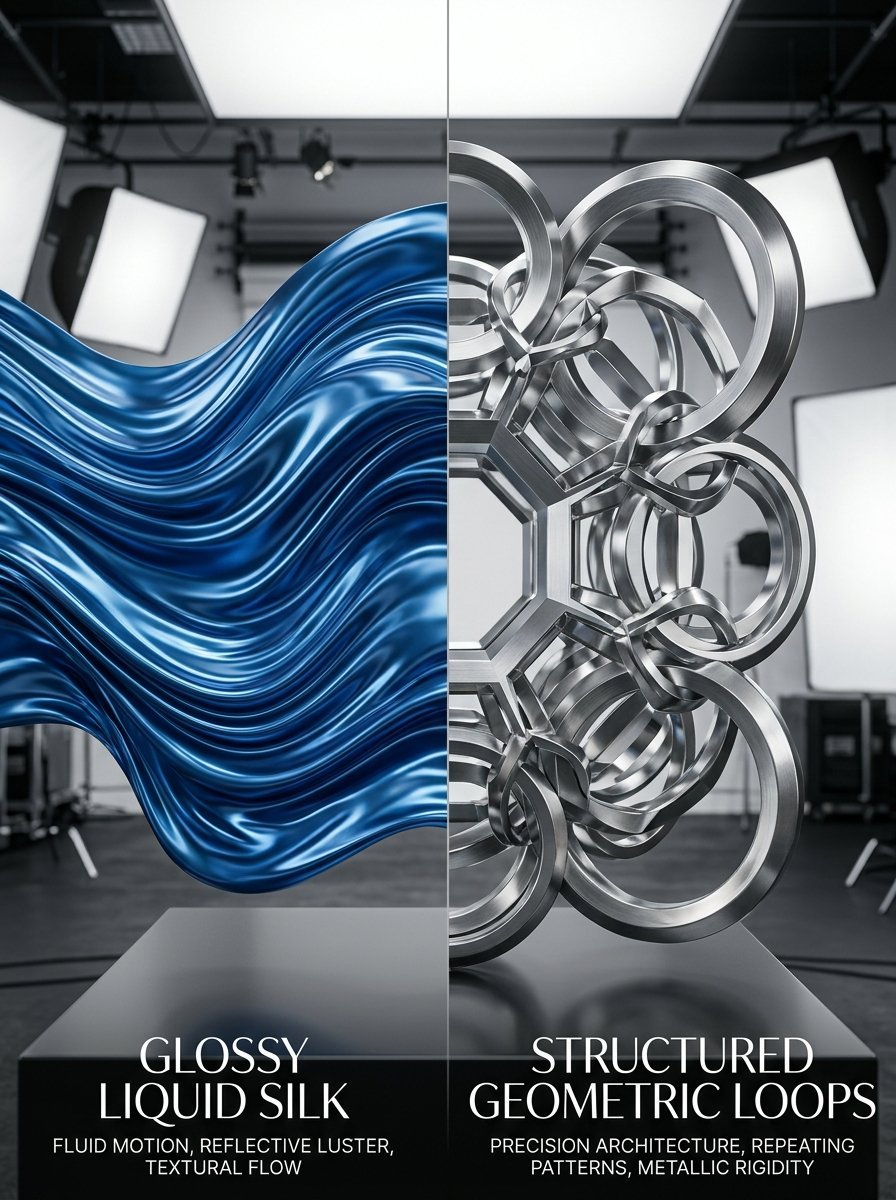 A creative split screen display contrasting smooth blue liquid silk waves with complex, interlocking metal loops.