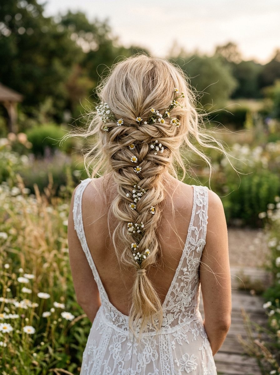 Back view of a bride with blonde hair in a loose braided hairstyle decorated with small white daisies.
