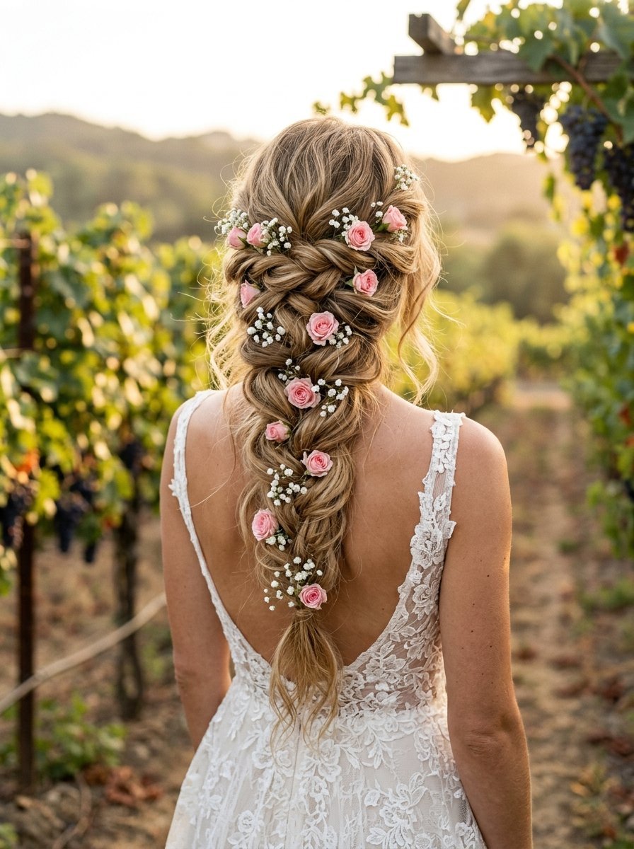 Back view of a bride with blonde hair in a loose braid decorated with small pink roses in a vineyard setting.