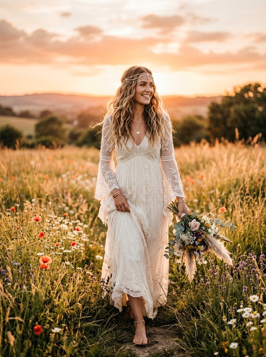 Smiling woman in a lace wedding gown holding a bouquet while walking barefoot in a flower field during golden hour.