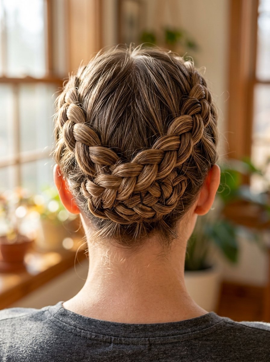Close-up back view of a woman featuring two woven braids styled into an elegant gathered updo.