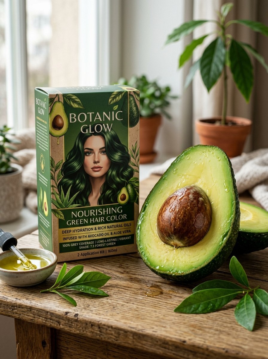 A box of nourishing green hair color sitting on a wooden table next to a halved avocado and oil dropper.
