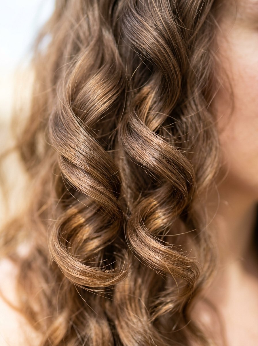 Detailed view of textured light brown hair styled in bouncy spirals.