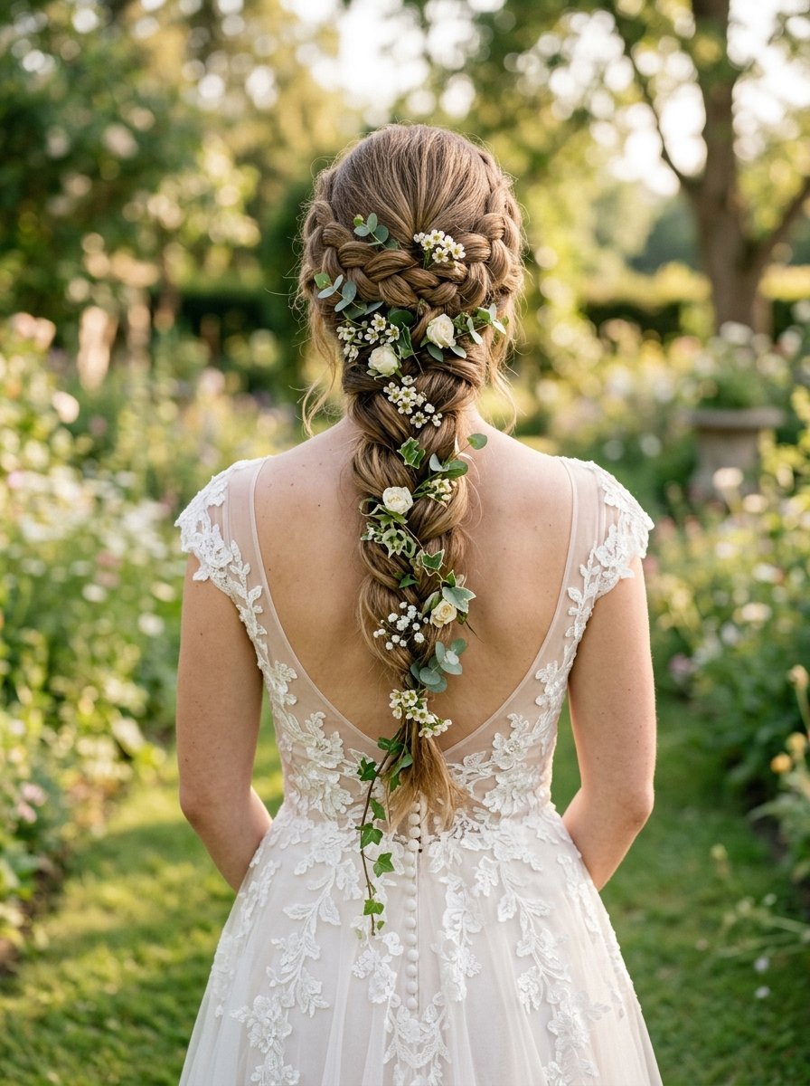 Back view of a bride with a long braided hairstyle decorated with small white roses, baby's breath, and ivy leaves.
