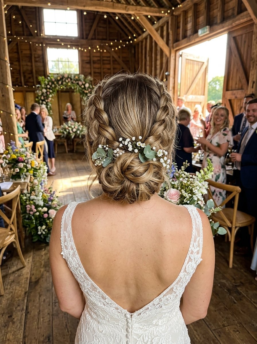 Close up of a bride's blonde braided updo adorned with baby's breath flowers inside a wooden barn venue.