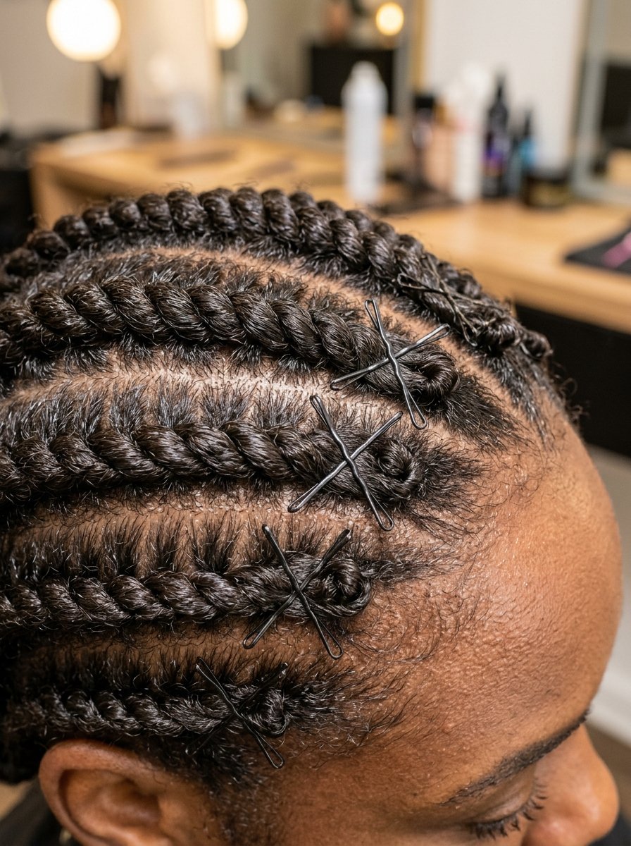 Close up overhead view of tightly braided cornrows on dark hair held in place by metallic x-shaped bobby pins.