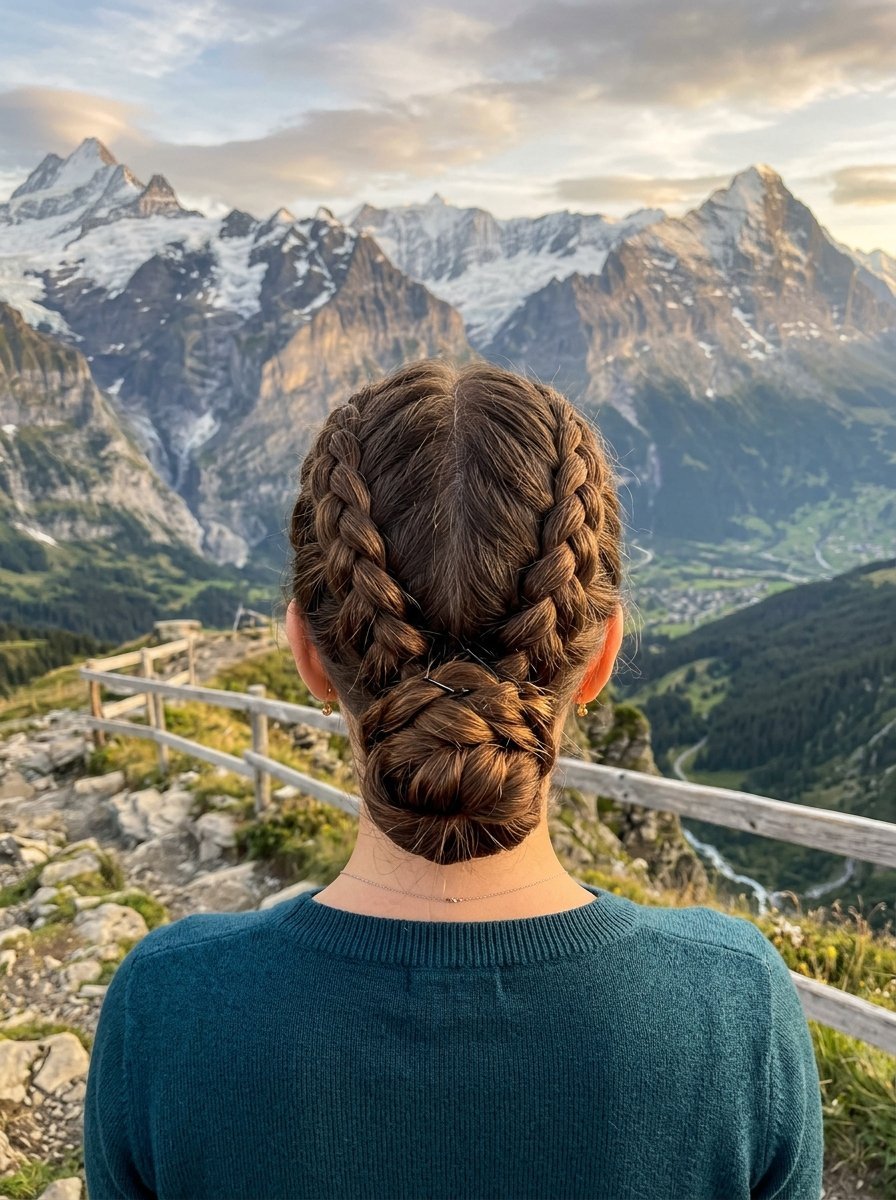 Back view of a woman wearing double braids and a low bun overlooking a massive mountain range at sunset.