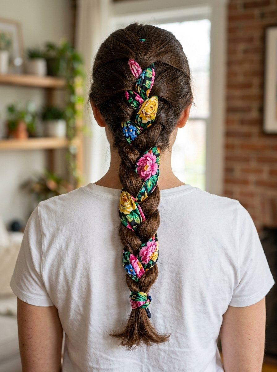 Back view of a person with long brown hair styled in a braid intertwined with a black floral patterned scarf.