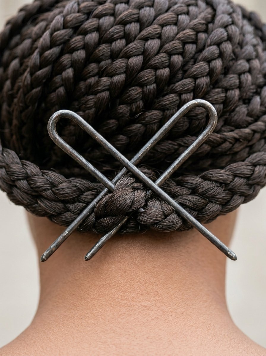 Two large metal hair pins crossed over a neat bun of dark braided hair seen from the back.