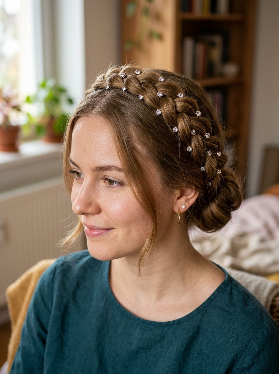 Close-up of a woman with a blonde braided updo embellished with tiny clear rhinestones