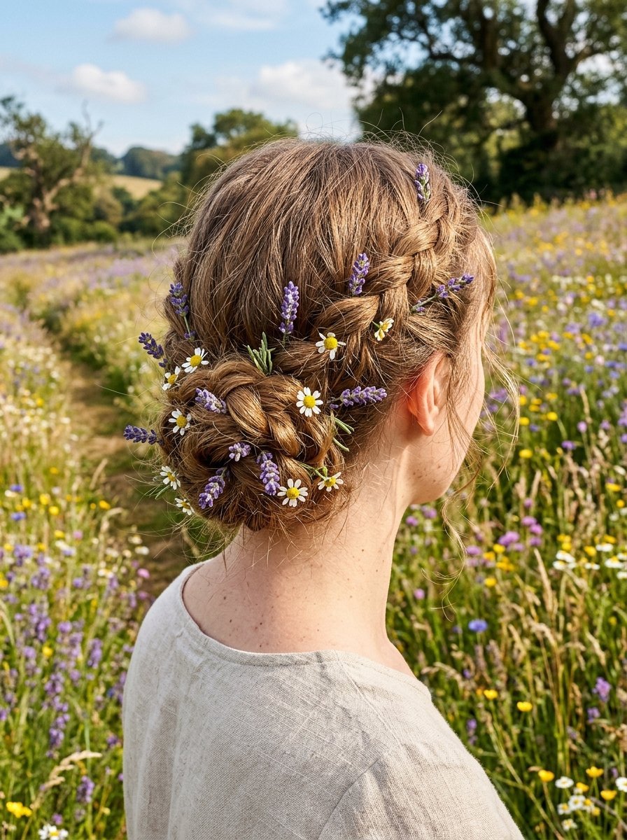 Back view of a woman wearing a braided hairstyle decorated with lavender sprigs and tiny white daisies.
