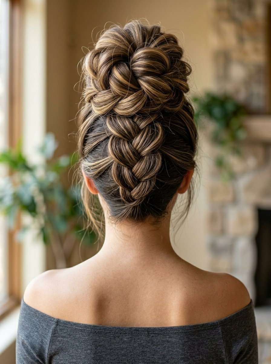A woman from behind showing her highlighted hair styled in a large messy bun with a French braid leading upward.