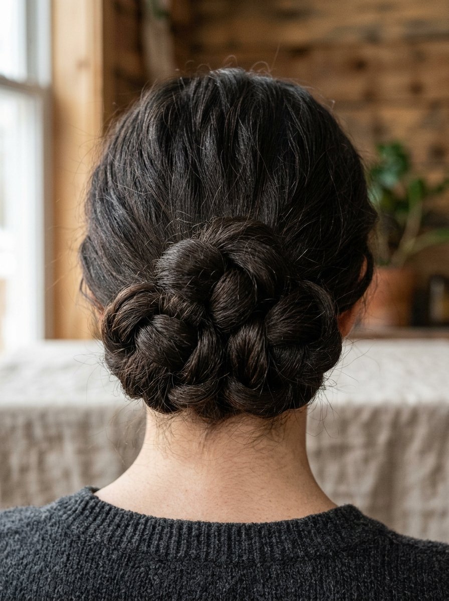 Rear view of a person with dark brown hair styled into a complex braided chignon at the nape of the neck.