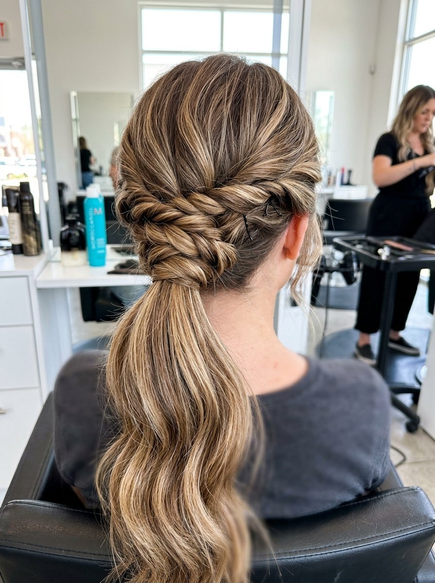 A woman sits in a salon chair wearing a stylized low ponytail featuring intricate side braids and loose waves.
