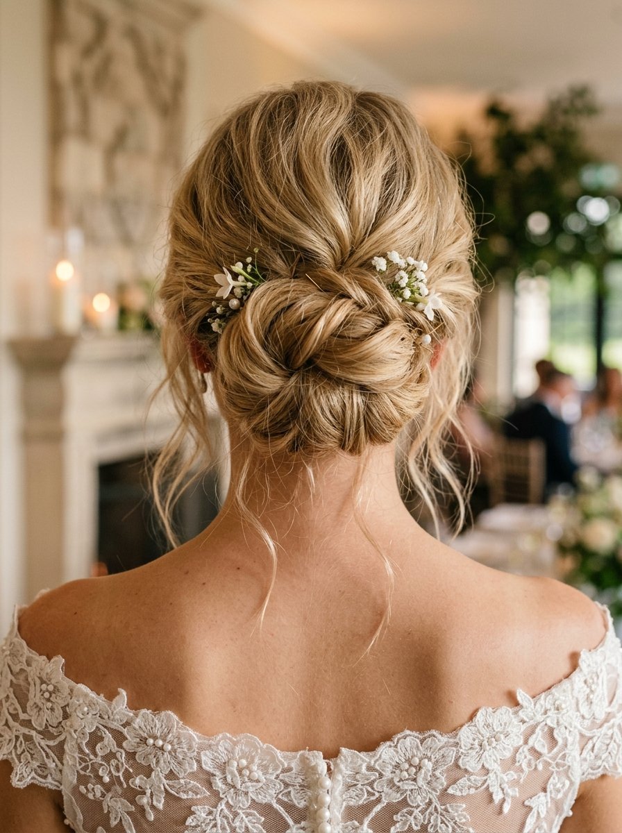 A back view of a blonde woman wearing an intricate bridal updo decorated with small white flowers.