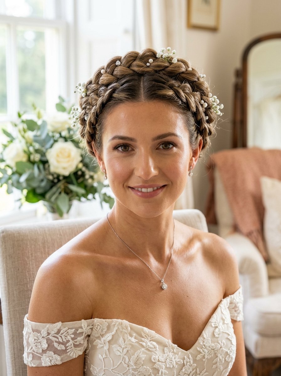 Close up of a woman in a lace wedding dress with a braided updo decorated with tiny white flowers.