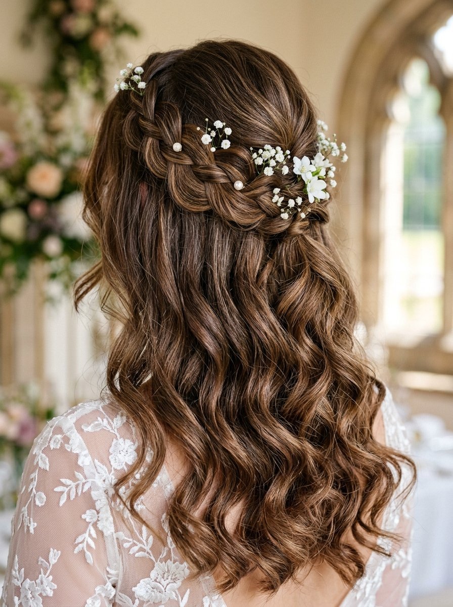 Back view of a bride with long wavy brown hair styled in a half-up braided crown adorned with baby's breath flowers.
