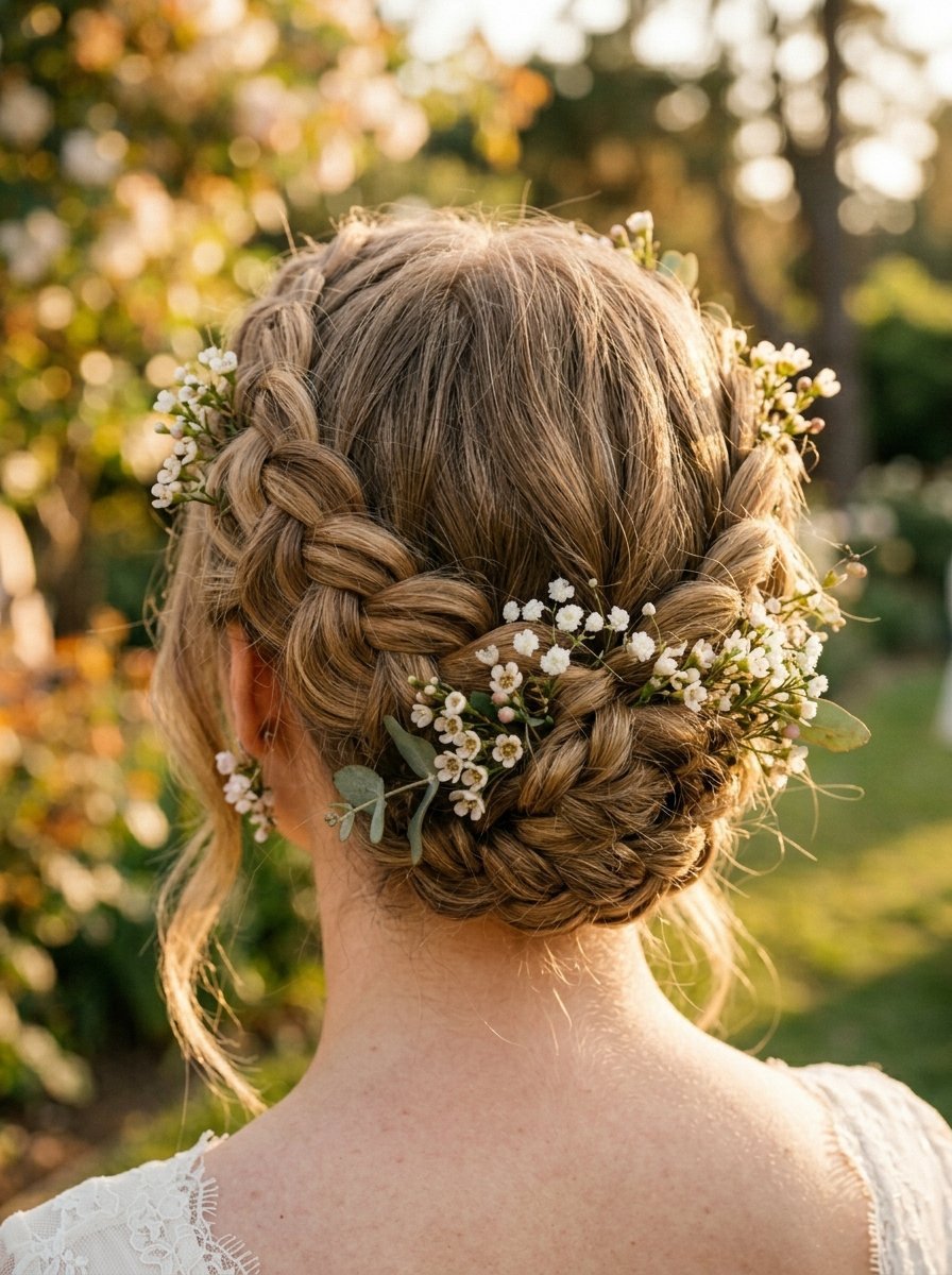 Close up of a blonde bride with a intricate braided updo decorated with baby's breath and green sprigs.