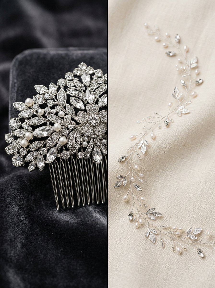 Close-up of a floral crystal bridal hair comb next to a long flexible silver hair vine with pearls and leaves.
