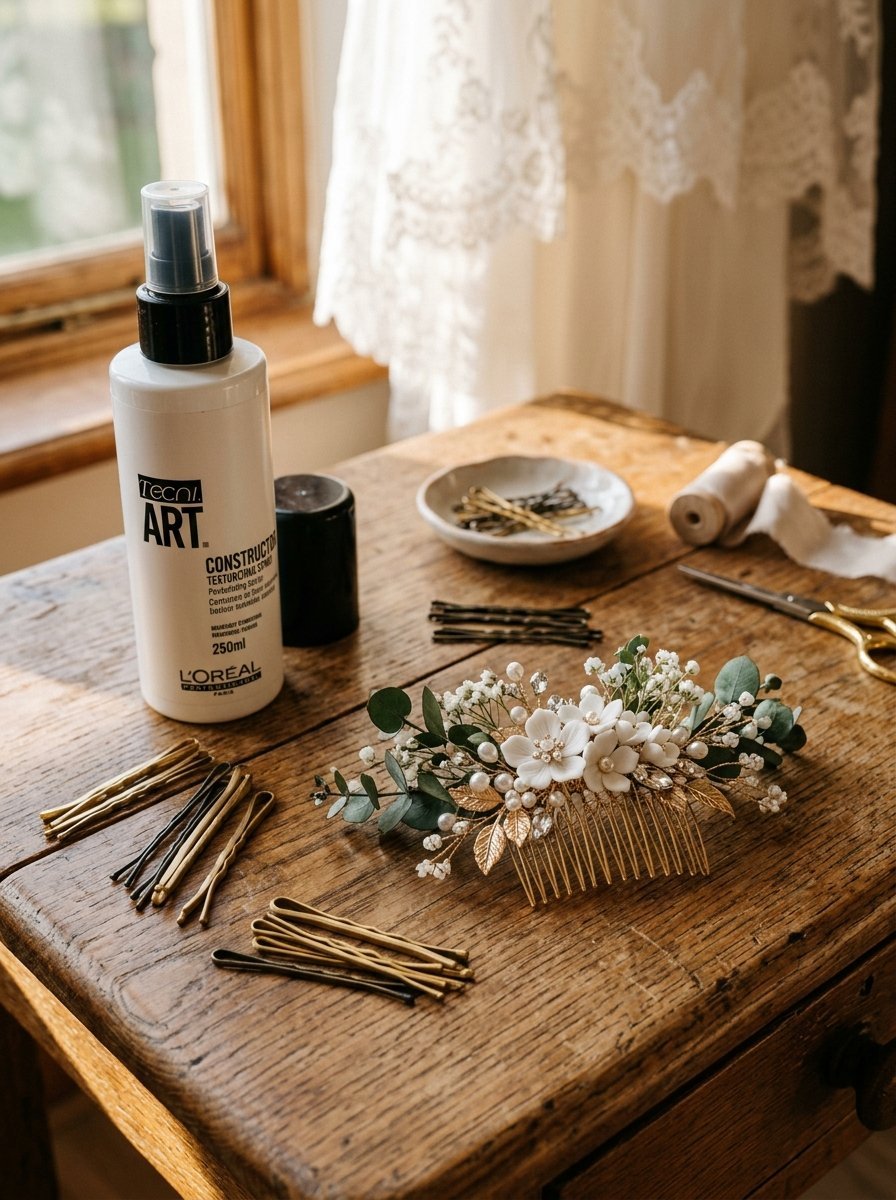 White bridal hair comb with gold leaves and hairspray on a rustic wooden table.
