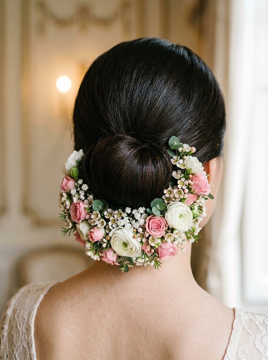 A woman with dark hair in a polished bun decorated with a crescent of roses and baby's breath.