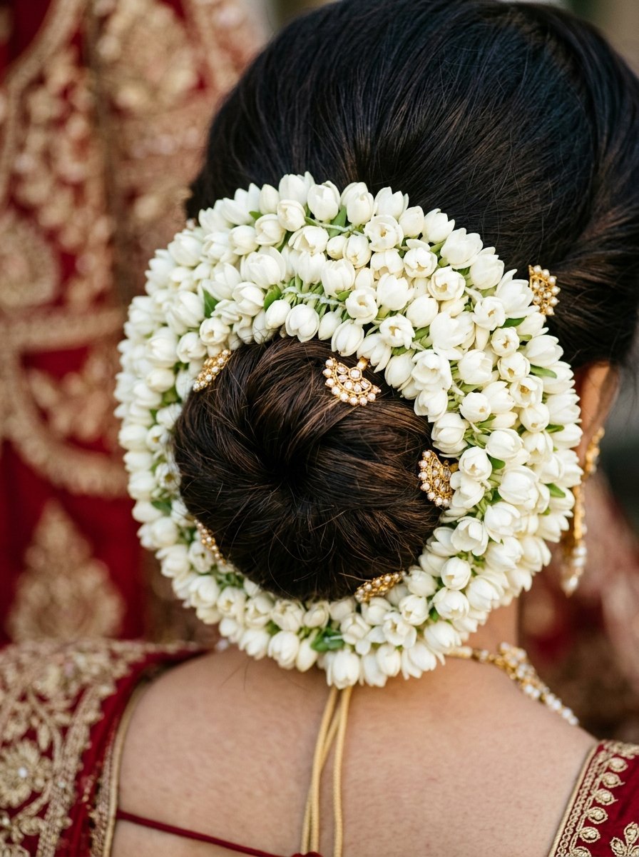 A woman's dark hair styled in a bun, wrapped in a dense circular garland of white jasmine buds and gold hair pins.