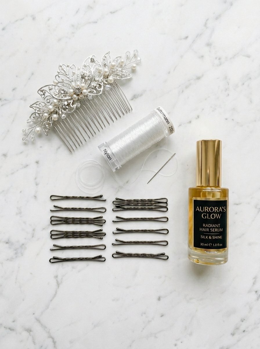 A decorative silver pearl hair comb, nylon thread, needle, bobby pins, and Aurora's Glow hair serum on marble.